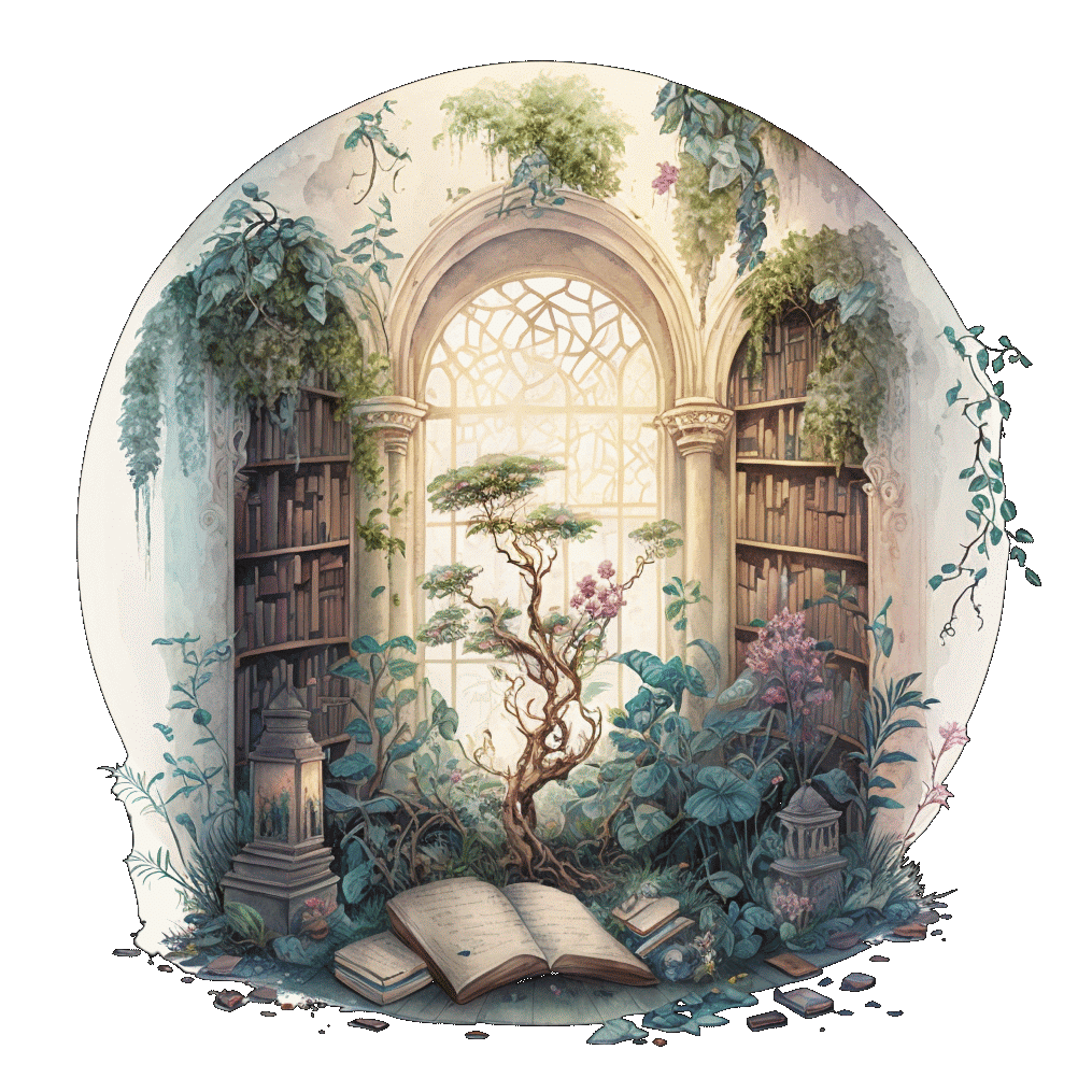 Phantasie-Bibliothek in der Bäume und Natur wächst.